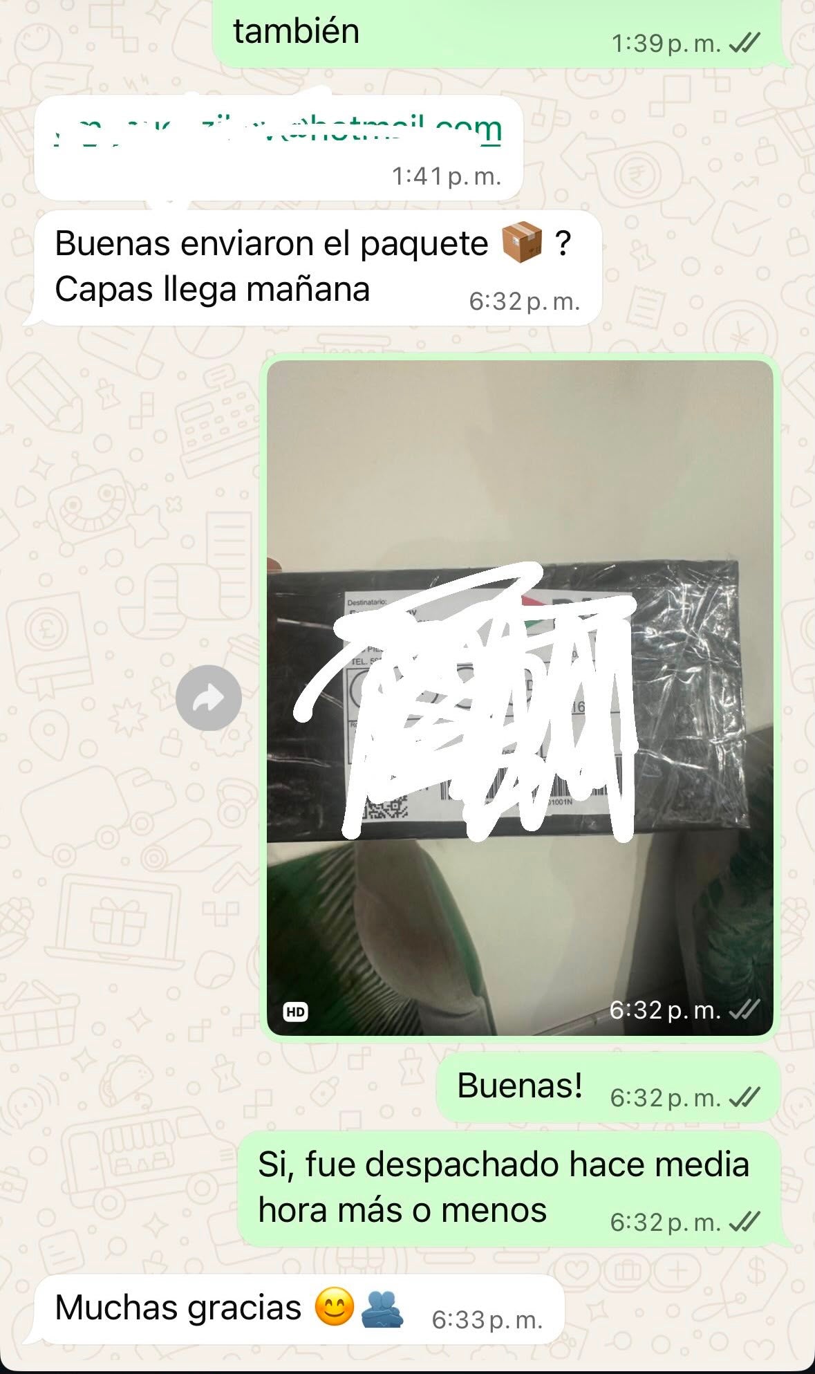 Captura de WhatsApp confirmando el despacho de un pedido