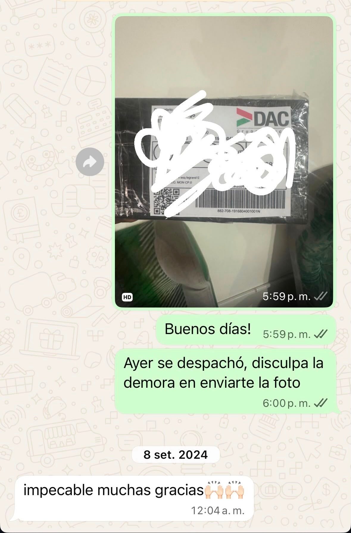 Captura de WhatsApp confirmando el despacho de un pedido