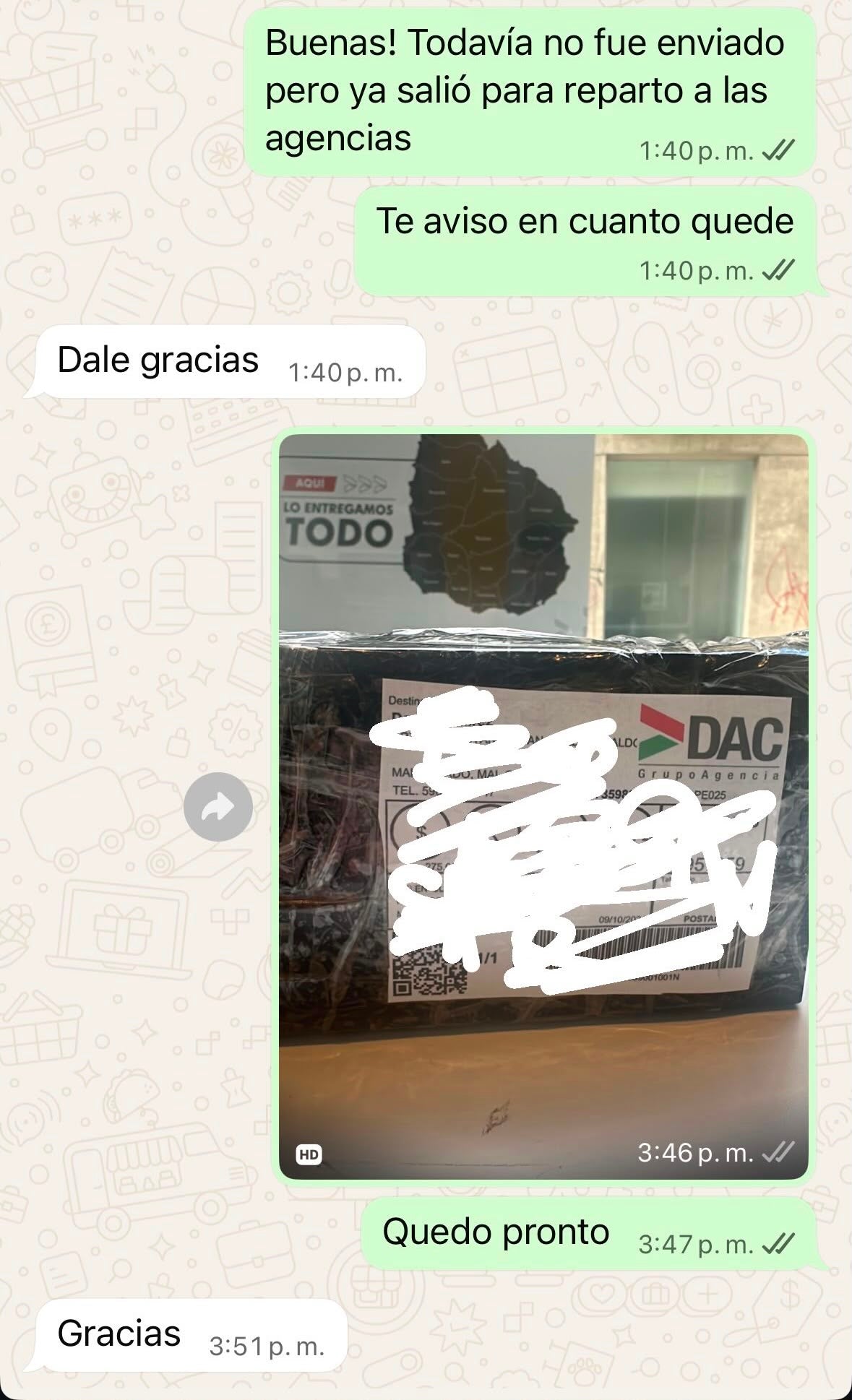 Captura de WhatsApp confirmando el despacho de un pedido