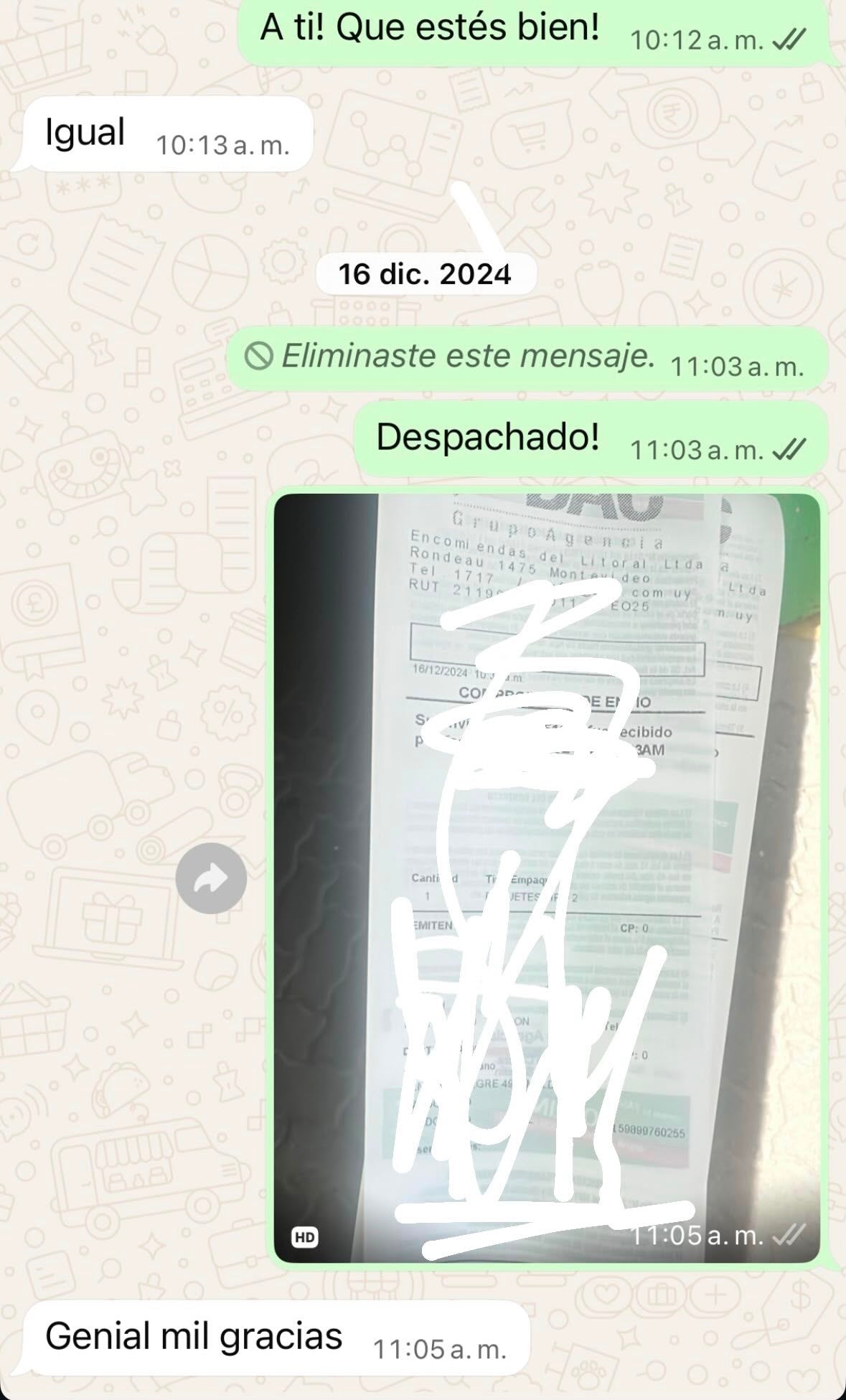 Captura de WhatsApp confirmando el despacho de un pedido