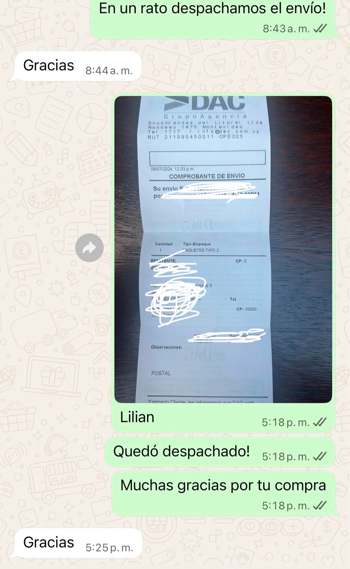 Captura de WhatsApp confirmando el despacho de un pedido